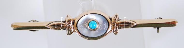 cca 1900 14K arany (Au) bross gyöngyház és türkiz díszítéssel /  Golden (14ct) brooch with nacre and turquoise decoration, 4,5cm, br: 4,03gr