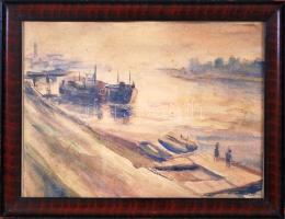 Bányász Béla (1927-2005): Dunapart. Akvarell, papír, jelzett, üvegezett keretben, 24,5x32cm