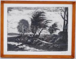 Élesdy István (1912-1987): Patak partján. Rézkarc, papír, jelzett, üvegezett keretben, 37x47cm