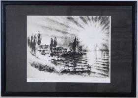 Kórusz József (1927-2010): Alkonyati fények. Rézkarc, papír, 86/100, jelzett, üvegezett keretben, 45x64cm