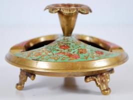 Keleti díszítésű, színes, zománcozott, sárgaréz gyertya- és hamutartó /  Oriental enamelled brass ashtray and candlestick, 9x12cm