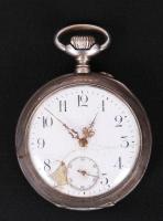 1872-1922 Ezüst (Ag) zsebóra porcelán számlappal, másodpercmutatóval, a Monarchia behozatali jegyével, jól jár (számlap javított) /  Silver pocket watch with stem-wind pin-set movement, porcelain dial, Austro-Hungarian import mark, works well (dial repaired), br: 85gr