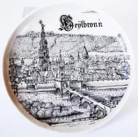 Kézzel festett, jelzett szuvenír tálka Heilbronn középkori látképével /  Hand painted souvenir porcelain plate with Medieval cityscape of Heilbronn, d: 9cm