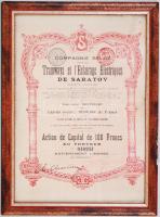 1907 Belga részvény, üvegezett keretben 33×24 cm/ Belgian decorative share