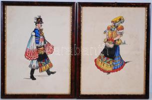 Jelzés nélkül: Népviseletes férfi és nő. Vegyes technika, papír, üvegezett keretben (2db) 30×23 cm