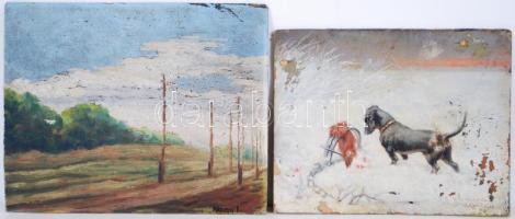2 db festmény: Hoffer Lajos: Vadászkutya. Olaj, karton, jelzett,  20×25 cm, sérült Nagy I jelzéssel: Villany póznák. olaj, karton, 28×23 cm, sérült