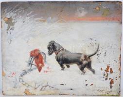 2 db festmény: Hoffer Lajos: Vadászkutya. Olaj, karton, jelzett,  20×25 cm, sérült
Nagy I jelzéssel:...