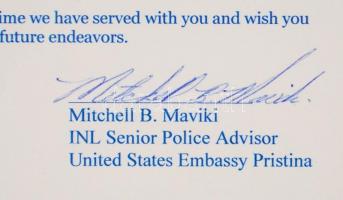 2011 Pristina, USA nagykövet által aláírt certifikáció Pallagi Imre számára, üvegezett keretben, 33×...