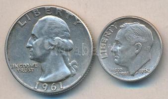 Amerikai Egyesült Államok 1961. 1/4$ Ag "Washington" + 1962. 1D Ag T:2 USA 1961. 1/4 Dollar Ag "Washington" + 1962. 1 Dime Ag C:XF