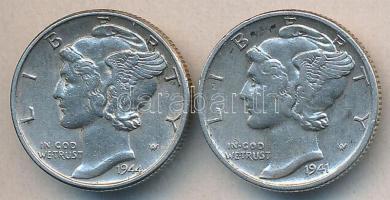 USA 1941. 1d Ag "Mercury" + 1944. 1d Ag "Mercury" T:2 USA 1941. 1 Dime Ag "Mercury" + 1944. 1 Dime Ag "Mercury" C:XF