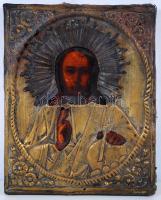 Cca 1880, Jelzés nélkül: Krisztus Pantokrator. Réz borítású ikon, olaj, fa, megviselt állapotban, 18×15 cm/ Antique icon with copper