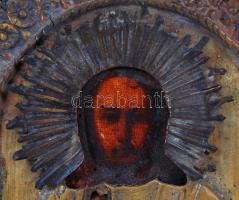 Cca 1880, Jelzés nélkül: Krisztus Pantokrator. Réz borítású ikon, olaj, fa, megviselt állapotban, 18...