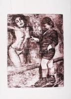 Farsang Sándor(1945-): Kirakat. Rézkarc, merített papír, jelzett, több szakadás, 40×30 cm