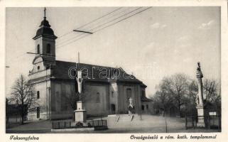 Taksonyfalva (Taksony) catholic church with the country flag (small tear)