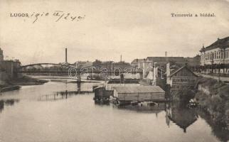 Lugos Temes riverside with bridge, the shop of Miksa Klein