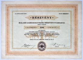 Kiskunhalas 1930. "Halasi Gazdasági Bank Részvénytársaság" részvénye 100P-ról szelvényekkel T:hajtott