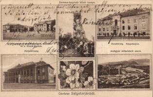 Salgótarján Piac tér a vasútállomással és postával, rendőrség, járásbíróság, acélgyár, a Karancs hegytető kilátó tornya