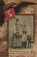 Saxon bride and groom, Beszterce coat of arms, litho (b)