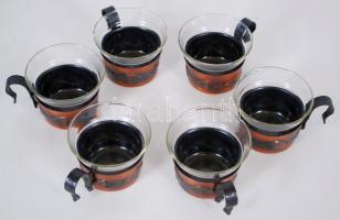 Fém iparművész teás készlet (6db), üveg betéttel