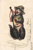 Musical cat, New Year, litho