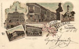 1899 Újvidék town hall, Danube street, Almási church, school, Matica srpska, litho
