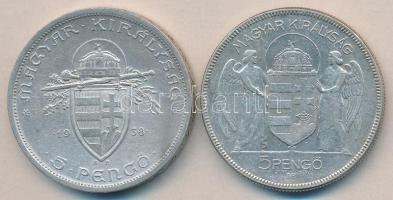 1930. 5P Ag "Horthy-jobbra" T:2- + 1938. 5P Ag "Szent István" T:2-