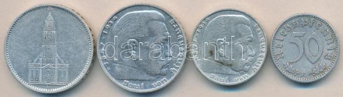 Német 3. Birodalom 1935D 5M Ag "Garnisonkirche" T:3 + 1937D 5M Ag "Hindenburg" T:2- + 1938A 2M Ag "Hindenburg" T:2- + 1941E 50Pf T:2- German Third Reich 1935D 5 Mark Ag "Garnisonkirche" C:F + 1937D 5 Marks Ag "Hindenburg" C:VF + 1938A 2 Marks Ag "Hindenburg" C:VF + 1941E 50 Pfennig Al C:VF