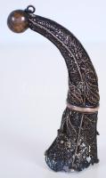 cca 1900 Kürt formájú, nagyméretű ezüst (Ag) filigrán függő (szájánál sérült) /  Silver filigree pendant shaping a horn (with fault), 11cm, 28,6gr