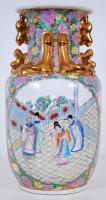 Nagyméretű, kézzel festett, aranyozott, kínai jelenteket ábrázoló porcelán váza /  Large, hand painted, gold plated china vase with Chinese scenes, 35cm