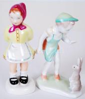 2db kézzel festett jelzett Aquincumi porcelán figura /  Hand painted Aquincum porcelain figures, 12-14cm