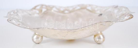 Virágos peremű fém kínáló tál, gomb lábas, karcos, d:24 cm