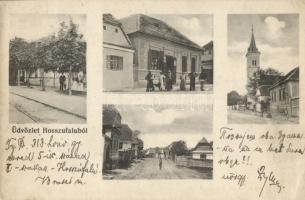 Hosszúfalu railway station, church, shop (EK)