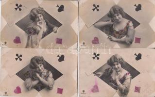 Francia kártya és Hölgyek - 4 db háború előtti képeslap, vegyes minőség / Playing cards, ladies, 4 postcards
