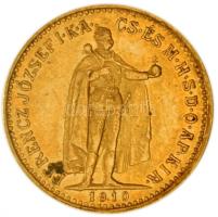 1910KB. 10K Au "Ferenc József" (3.39g/0.900) T:2 apró ph. Hungary 1910. 10 Kronen Au "Franz Joseph I" Kremnitz (3.39g/0.900) C:XF small edge error