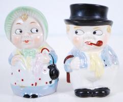 Úr és hölgy formájú, kézzel festett porcelán só- és borsszóró /  Hand painted porcelain salts in the form of a Lady and a Gentleman, 11cm