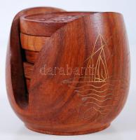 6db-os indiai faragott fa poháralátét-készlet tartójában / 
Carved wooden coaster set with case from...