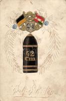 Military WWI propaganda, K.u.K. artillery, 42 cm cannon ball, Franz Joseph, Charles IV Emb. litho