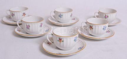 Komplett, virágokkal díszített, jelzett német porcelán kávéskészlet: 6db csésze aljjal /  Complete German porcelain coffee set: 6 cups with saucers