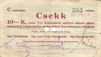 Pápa 1919. május 8. "Pápai csekk" 10K "A/C" (5x) + 20K "B" (5x) + 50K "E" (3x) mind lyukasztással érvénytelenítve T:III