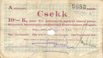 Pápa 1919. május 8. "Pápai csekk" 10K "A/C" (5x) + 20K "B" (5x) + 50K ...