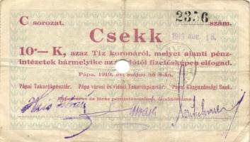 Pápa 1919. május 8. "Pápai csekk" 10K "A/C" (5x) + 20K "B" (5x) + 50K ...