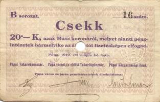 Pápa 1919. május 8. "Pápai csekk" 10K "A/C" (5x) + 20K "B" (5x) + 50K ...