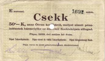 Pápa 1919. május 8. "Pápai csekk" 10K "A/C" (5x) + 20K "B" (5x) + 50K ...