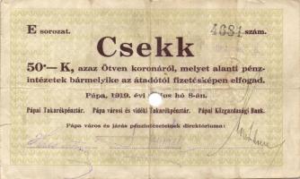 Pápa 1919. május 8. "Pápai csekk" 10K "A/C" (5x) + 20K "B" (5x) + 50K ...
