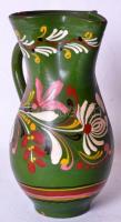 Kézzel festett népművészeti motívumokkal díszített mázas kerámia kancsó (kis hibákkal) /  Hand painted ceramic jug with folkloristic motives (small faults), 20cm