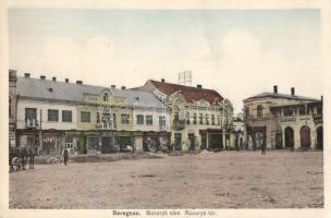 Beregszász Masaryk square, the shops of Emanuel Milliger, Lajos Berner, Ilona Klein, Malvin Grunfeld, glass and china shop, flour shop, pharmacy (fa)