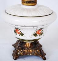 Mázas kézzel festett, kerámia petróleumlámpa réz lábakkal, hibátlan üveg burával / 
Ceramic oil lamp...