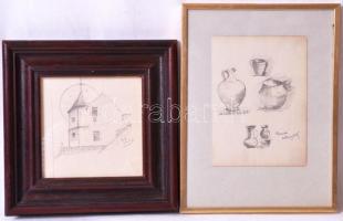 Petrik Albert (1876-1916), 2db vázlat rajza : Párisból 1898. Ceruza, papír, jelzett, üvegezett keretben 15×15 cm Római edények. Ceruza, papír, jelzett, üvegezett keretben 25×18 cm