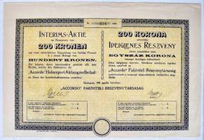 Budapest 1911. "Accordo" Fakiviteli Részvénytársaág ideiglenes részvénye 200K-ról szelvény...