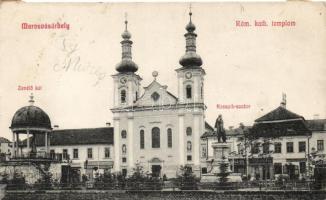 Marosvásárhely catholic church, music fountain, Kossuth statue, volunteer fire association, the glass and china warehouse of János Lukács, ironmongery and pharmacy (gluemark) (small tear)